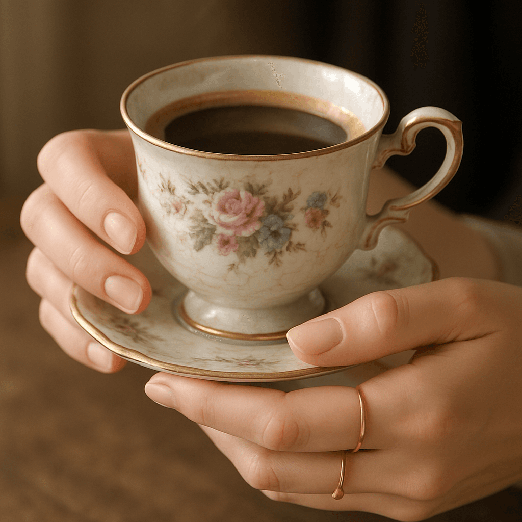 Hands holding antique floral porcelain teacup with coffee