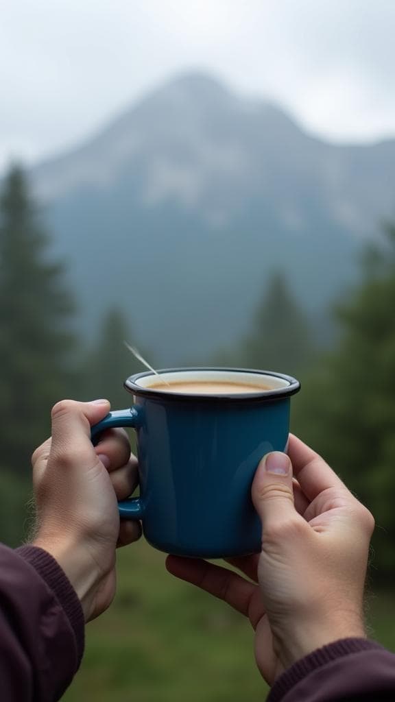 Person holding enamel coffee mug with mountain view in background