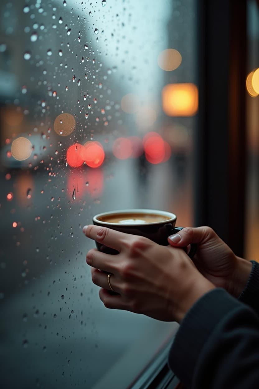 Person holding coffee mug while looking out rainy cafe window