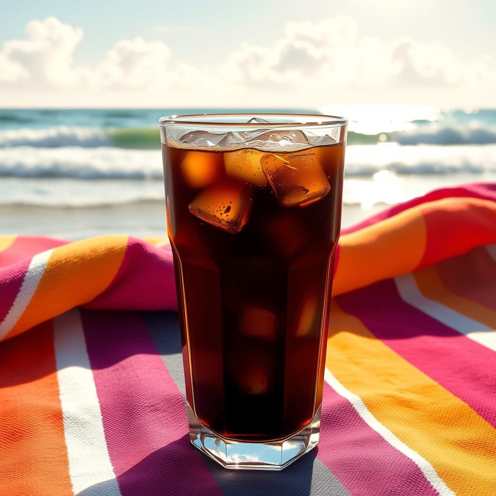 Iced coffee with ocean background