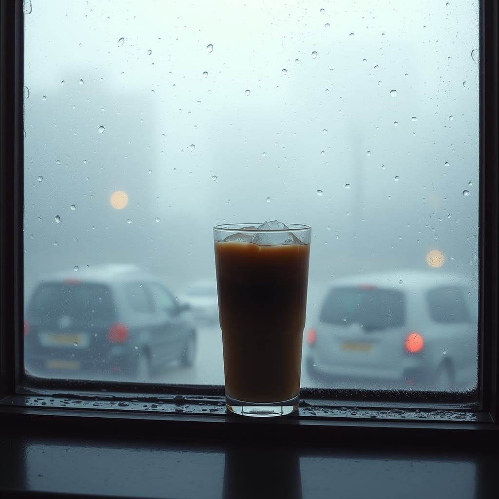 Iced coffee in a foggy, dreamy setting