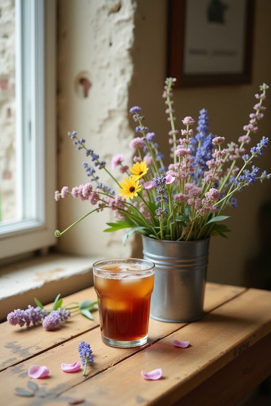 Iced coffee on a vintage table with flowers
