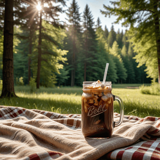 Iced coffee in a forest picnic setting