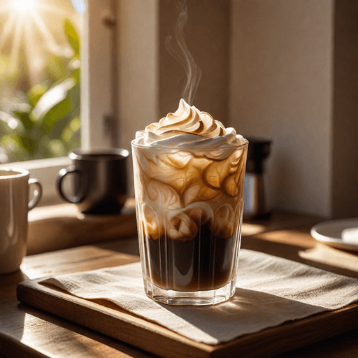Iced coffee with vanilla and cream in a sunny setting