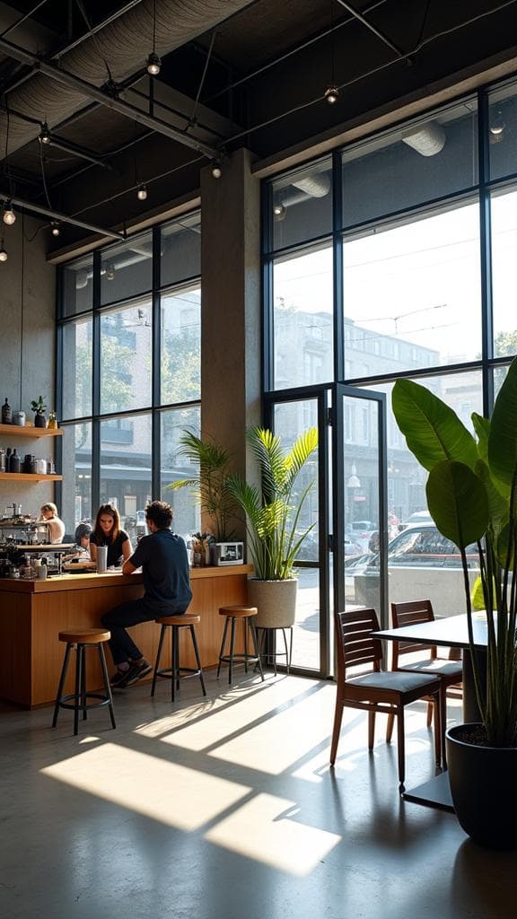 Industrial coffee shop with black steel-framed windows