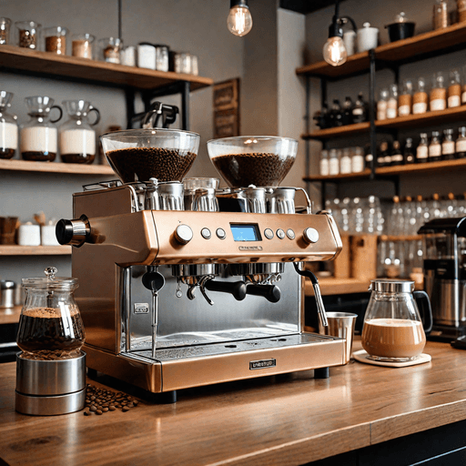 Industrial coffee shop with copper and chrome espresso machines on display