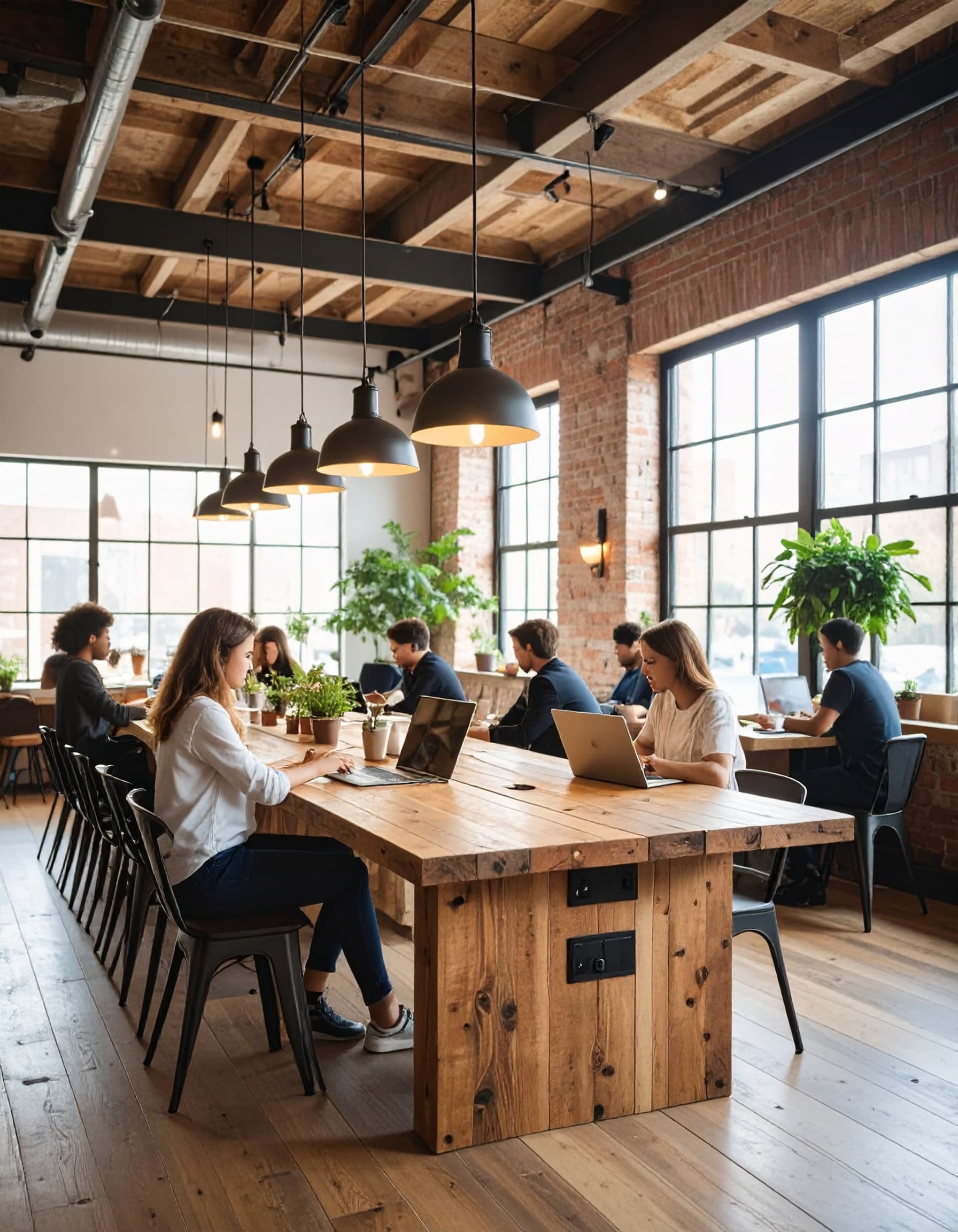 Industrial coffee shop with communal tables and power outlets
