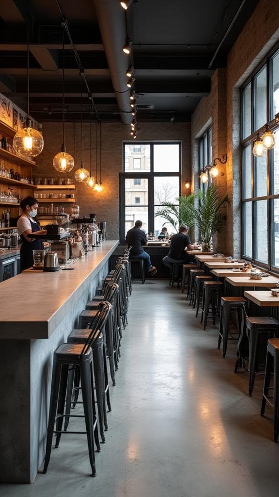 Industrial coffee shop with polished concrete floors and counters