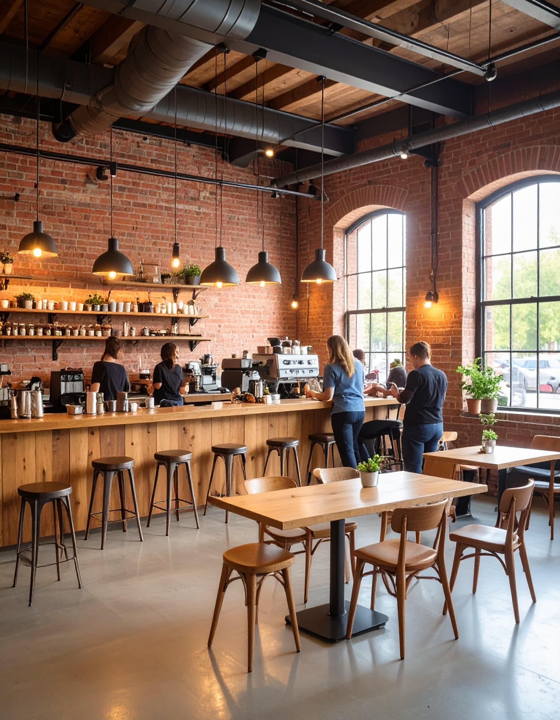 Industrial coffee shop with exposed brick walls