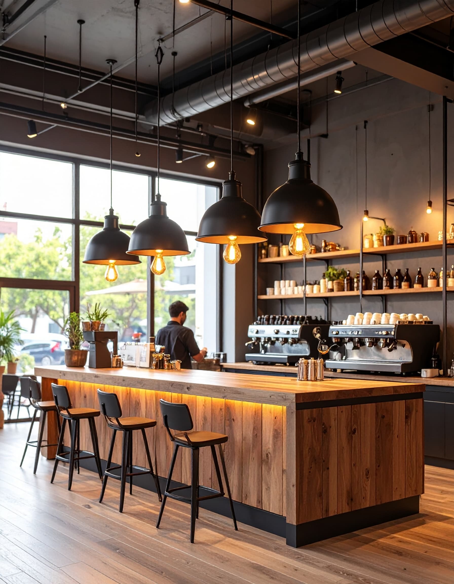 Industrial coffee shop with pendant factory lights