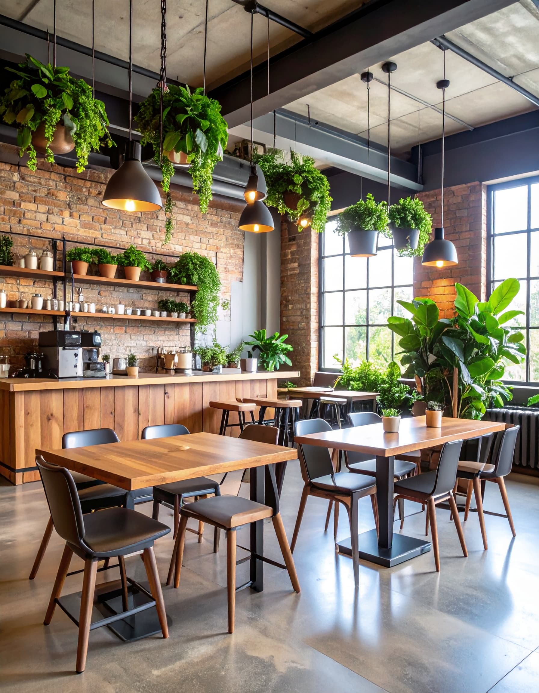 Industrial coffee shop with green plants contrasting industrial elements