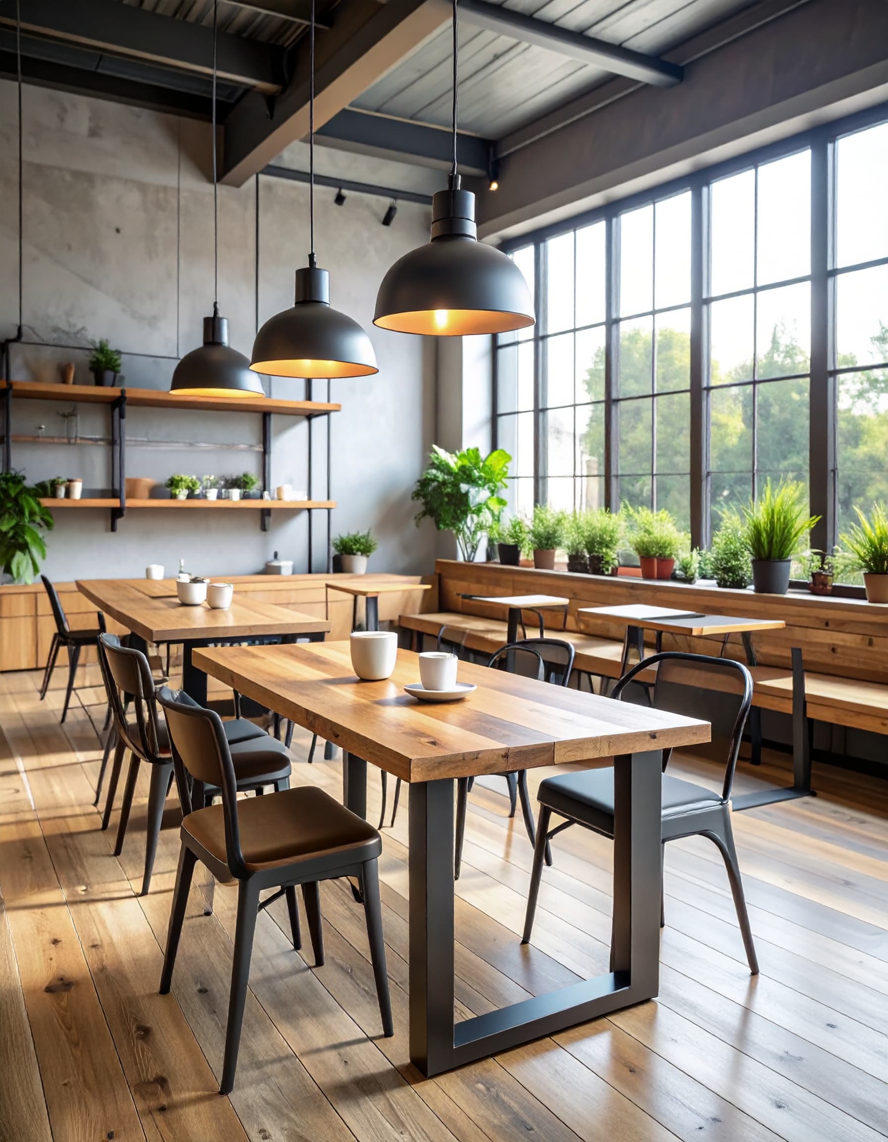 Industrial coffee shop with metal and wood furniture