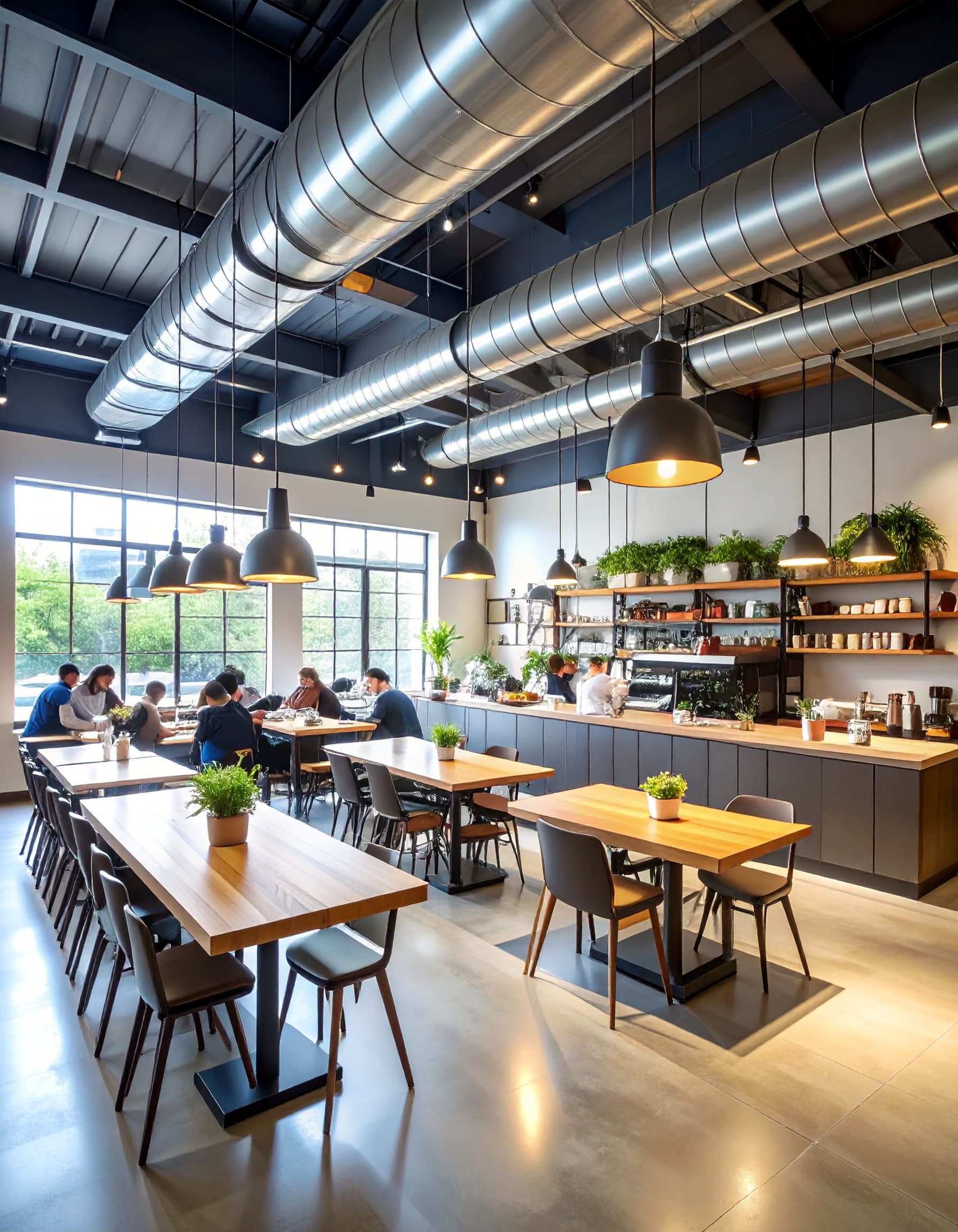 Industrial coffee shop with exposed ceiling and ductwork