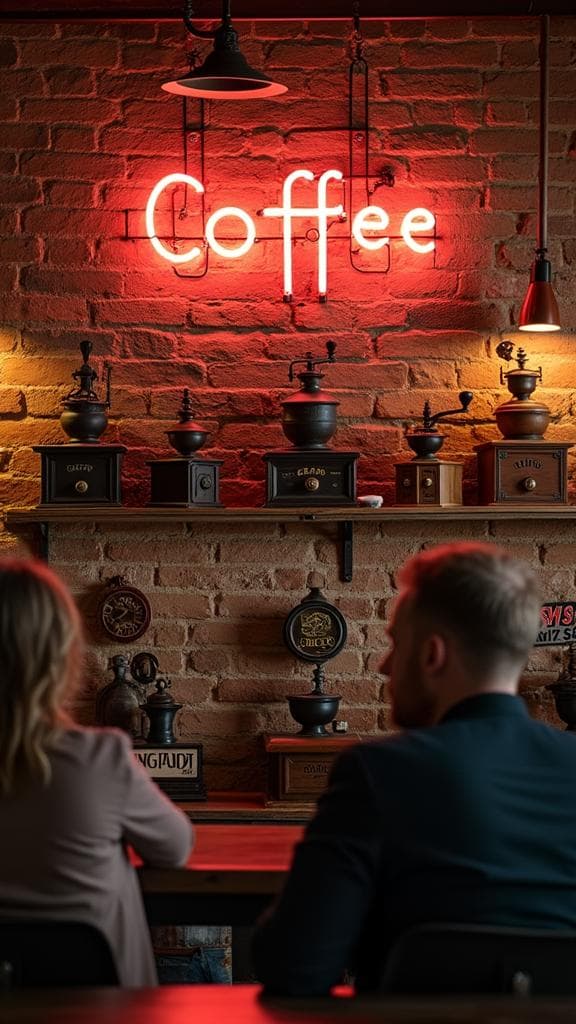 Industrial coffee shop with vintage signs and decor