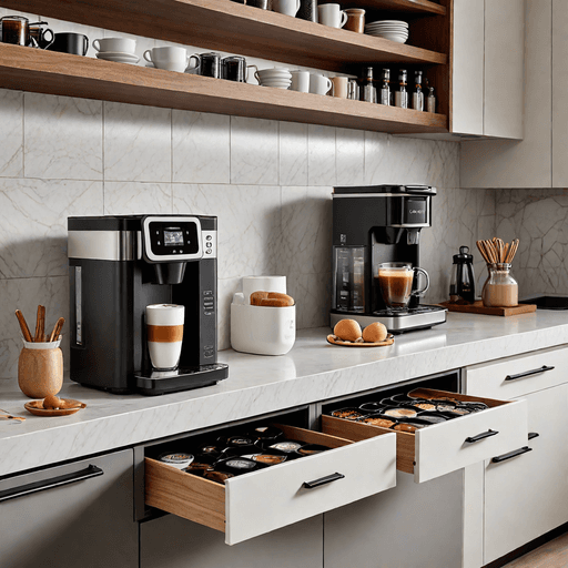 Coffee bar with dedicated storage drawers and compartments for coffee supplies