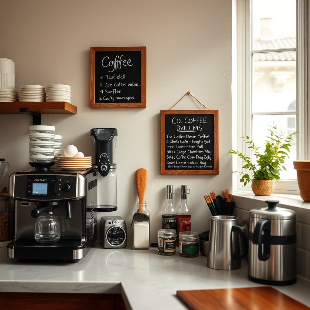 Coffee bar with chalkboard wall or sign displaying coffee menu and options