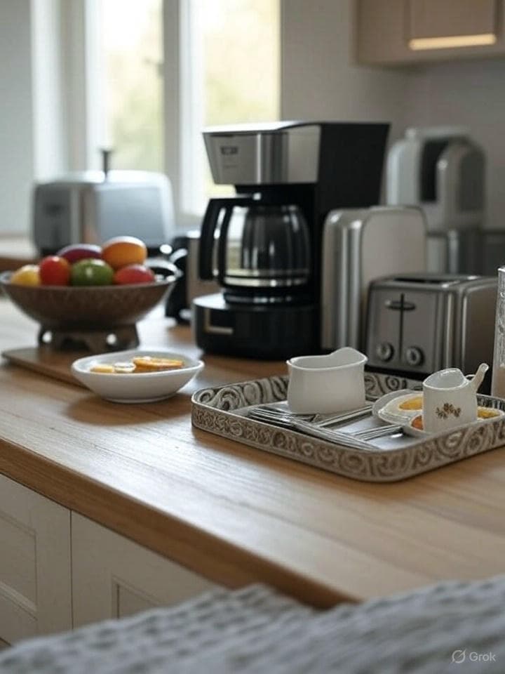 Coffee bar combined with breakfast station including toaster and breakfast essentials