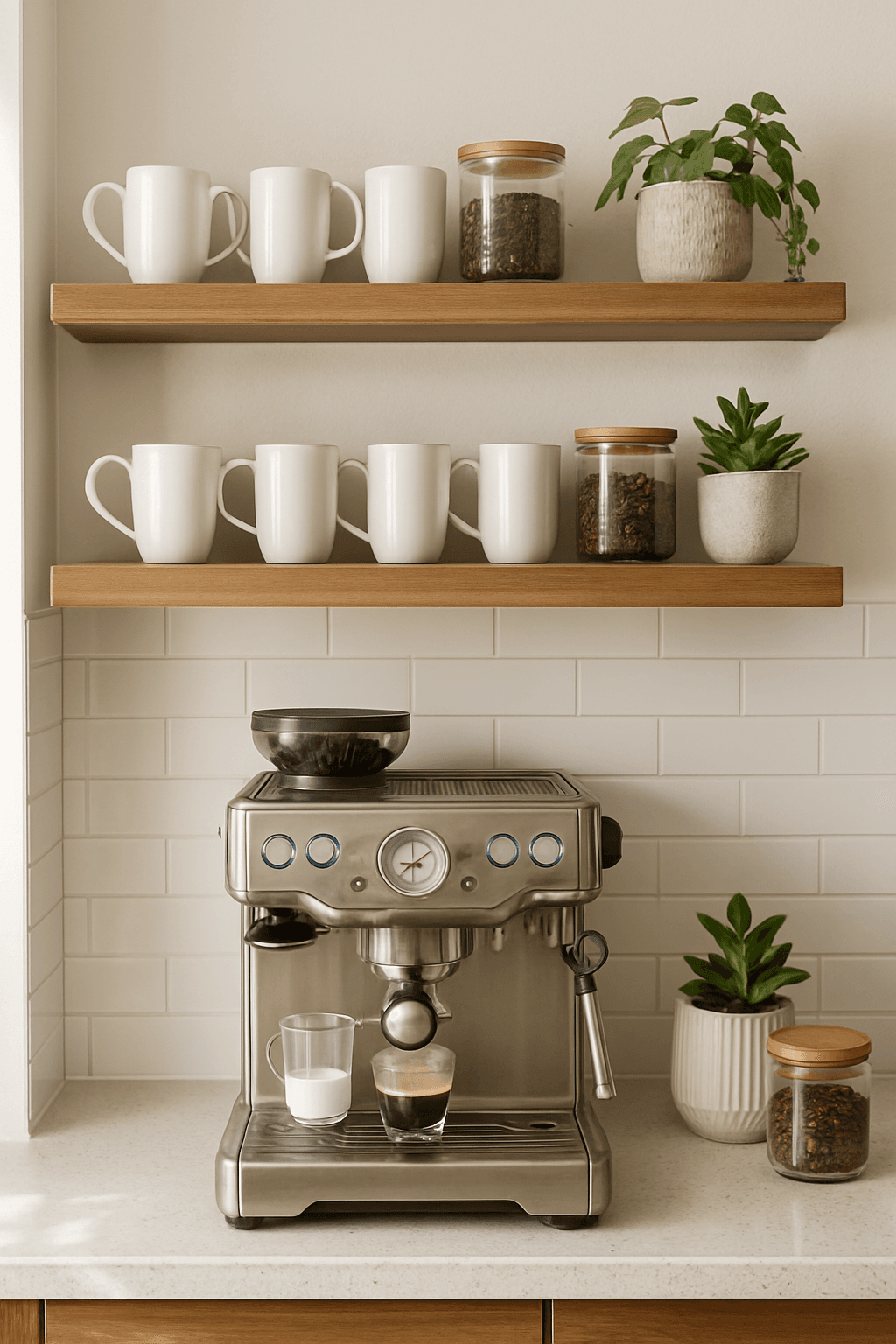 Kitchen counter coffee bar with floating shelves above displaying coffee mugs and accessories