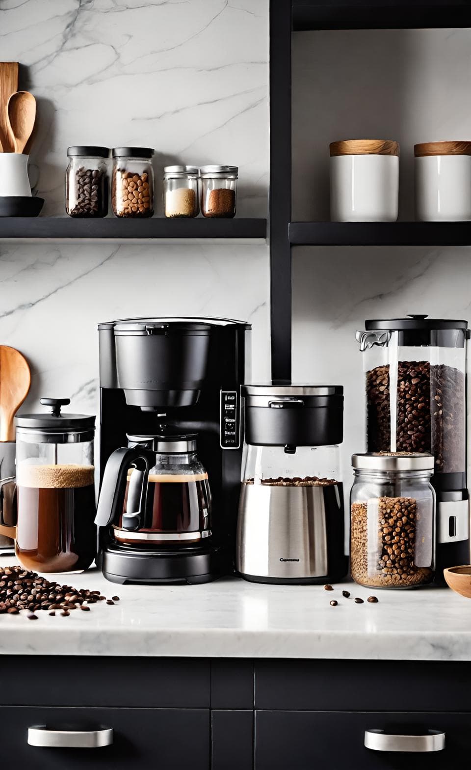Coffee bar featuring various glass jars and containers displaying beans and ingredients