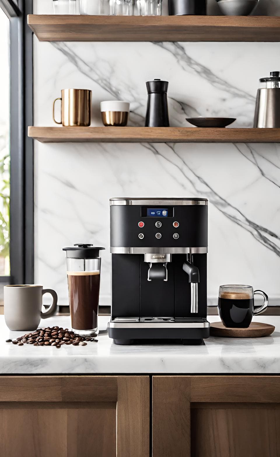 Minimalist modern coffee bar with sleek espresso machine and organized supplies