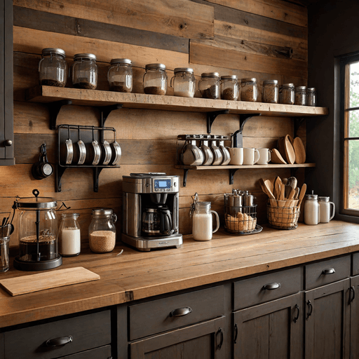 Rustic farmhouse coffee bar with wooden elements and mason jar storage