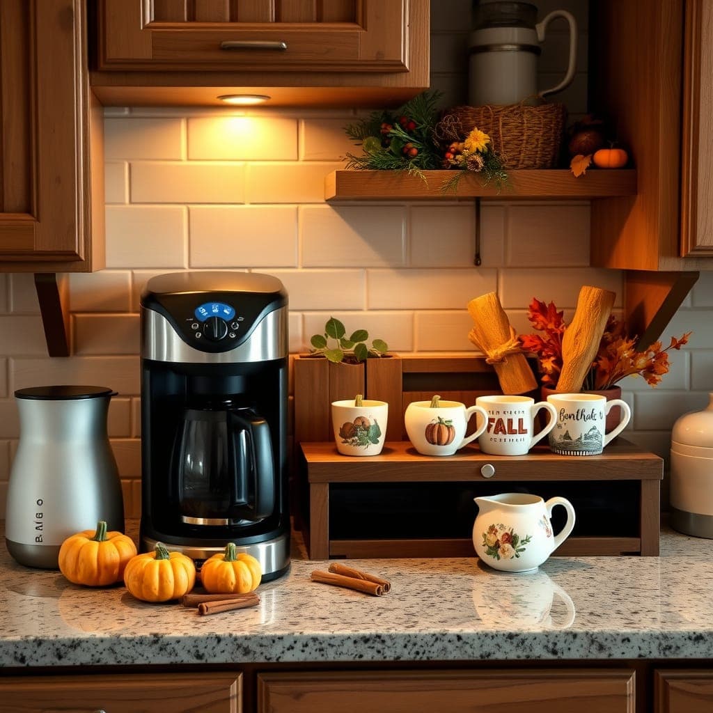 Coffee bar decorated with seasonal elements like autumn leaves or holiday decorations