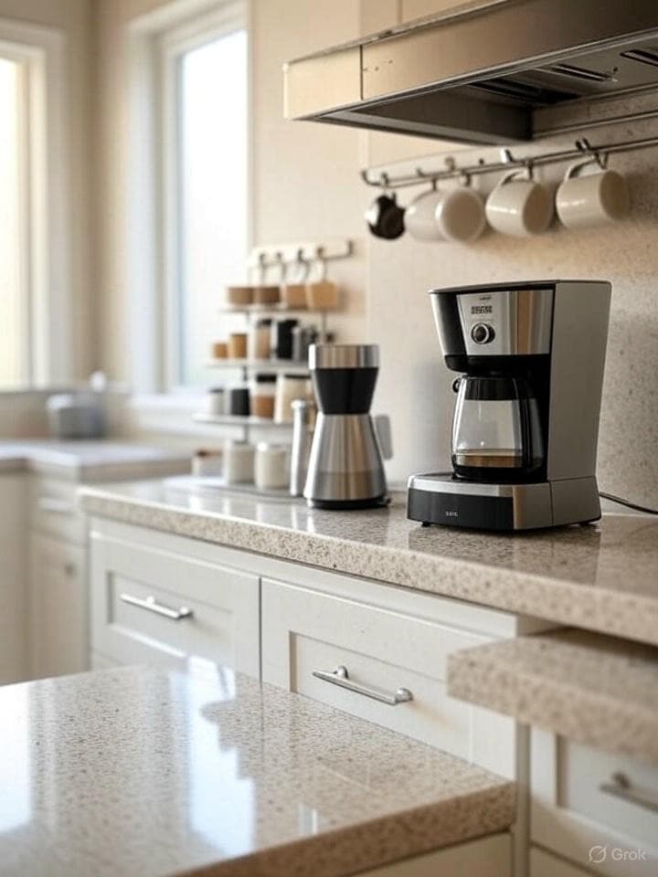 Corner coffee bar utilizing awkward kitchen counter space efficiently