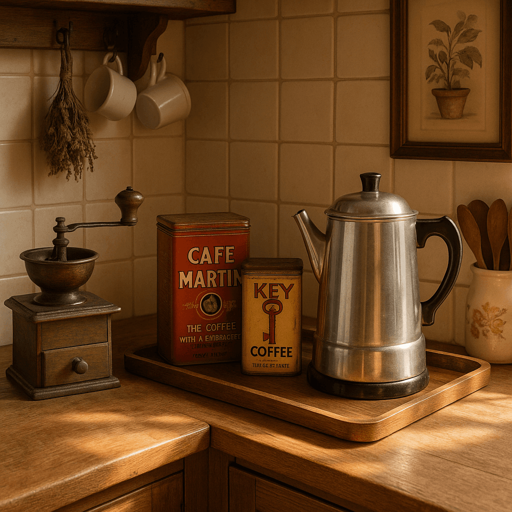 Vintage-inspired coffee bar with antique coffee grinder and retro accessories