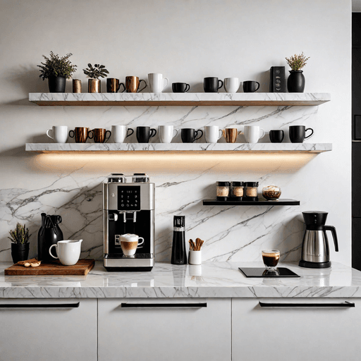 Floating shelf coffee station with luxury finishes
