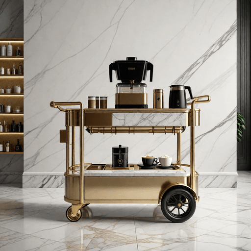 Elegant rolling coffee cart with luxury accessories