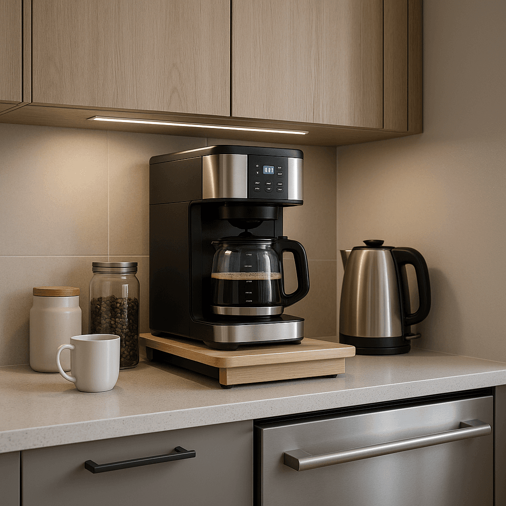 Under-cabinet coffee station with premium appliances