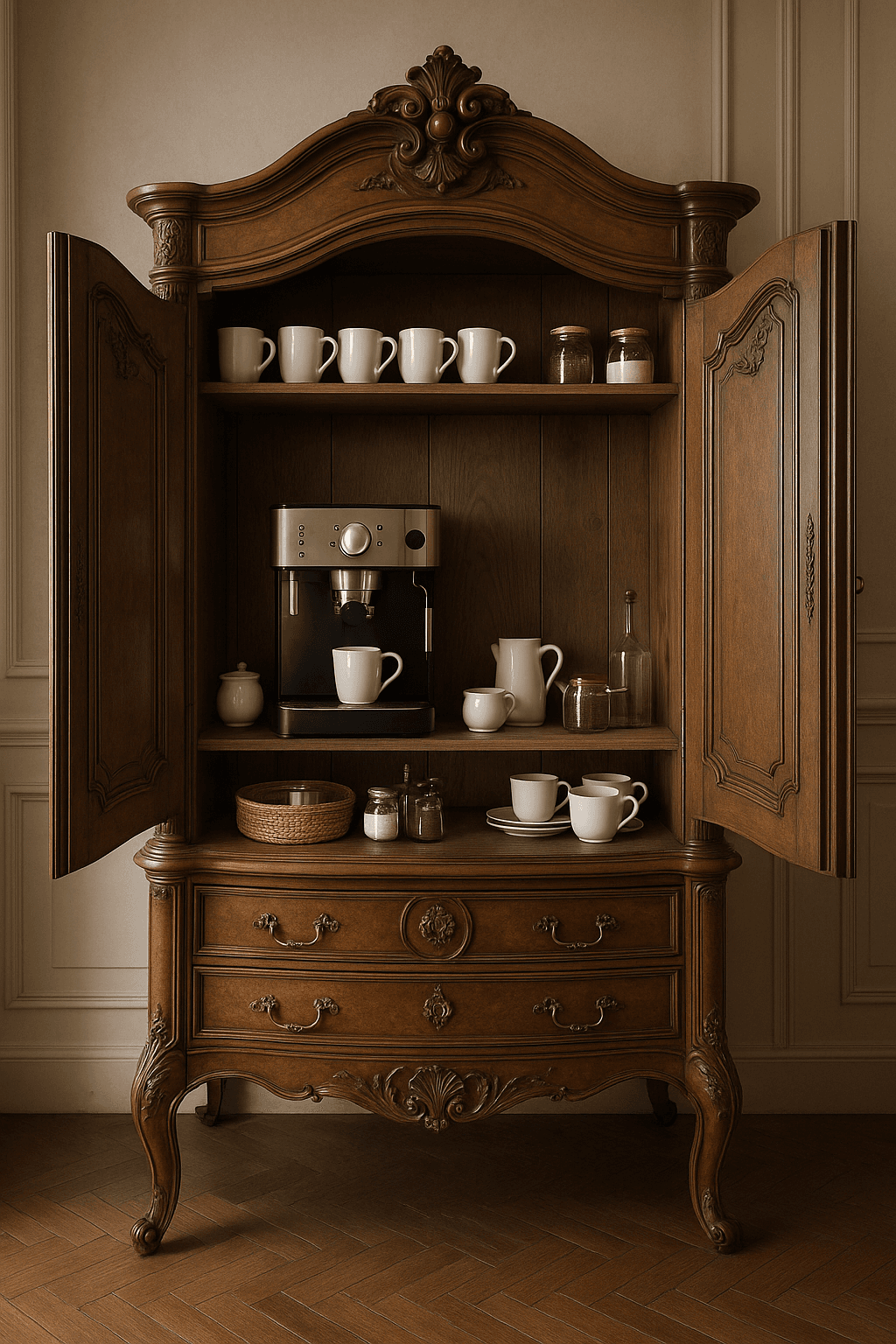 Repurposed vintage armoire as luxury coffee station