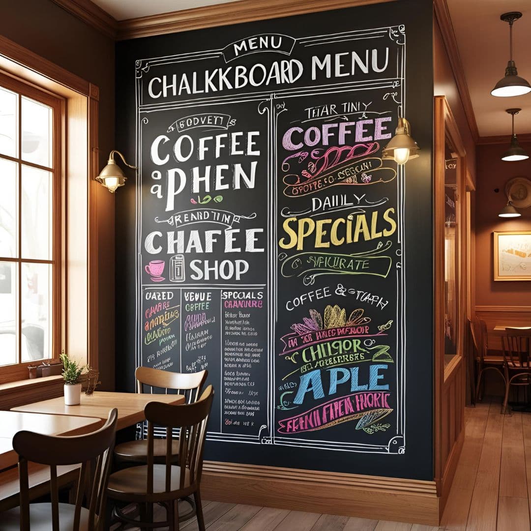 Chalkboard menu wall in a tiny coffee shop