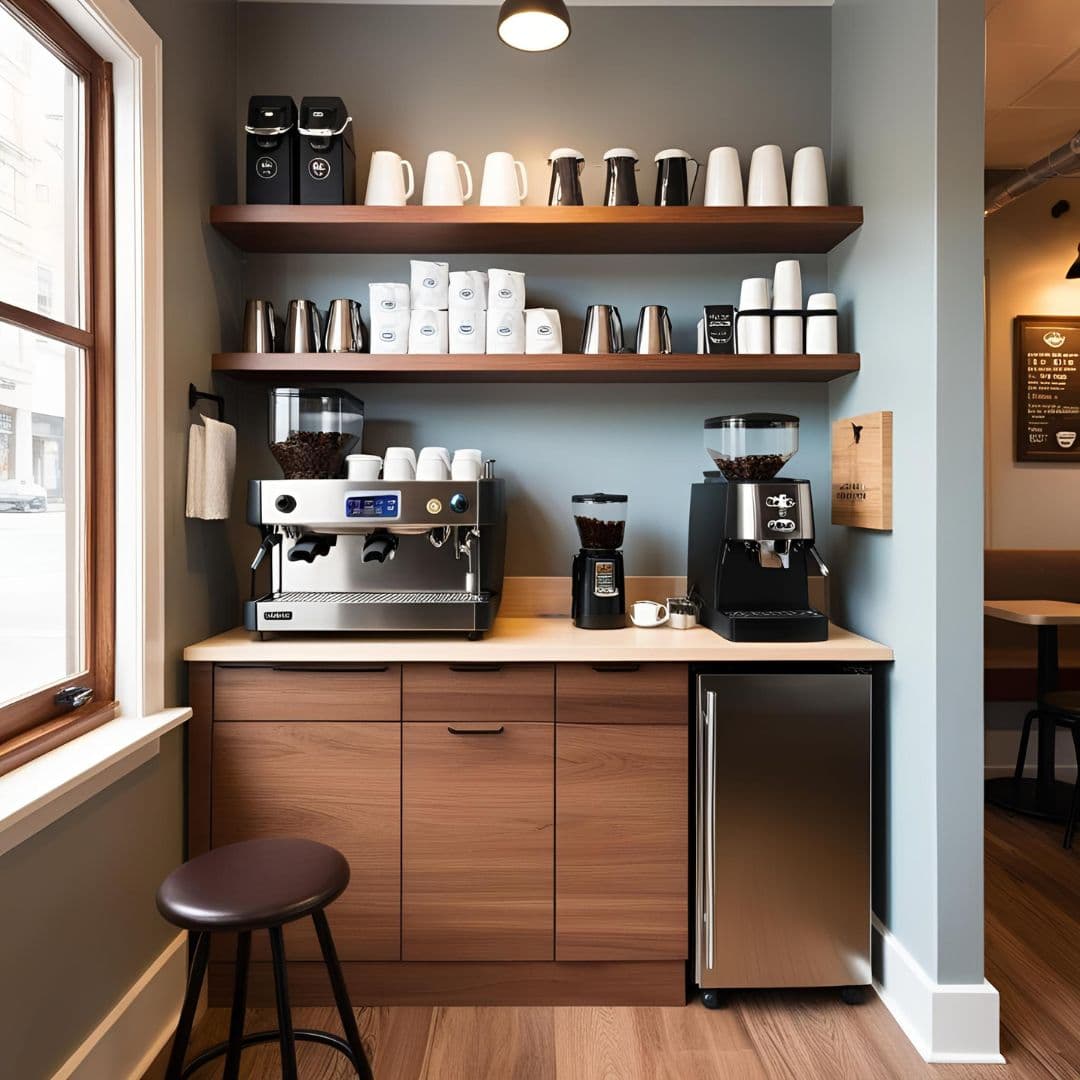 Compact barista station in a tiny coffee shop