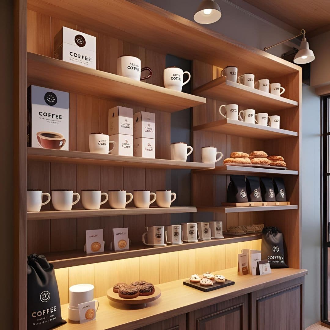Open shelving display in a tiny coffee shop
