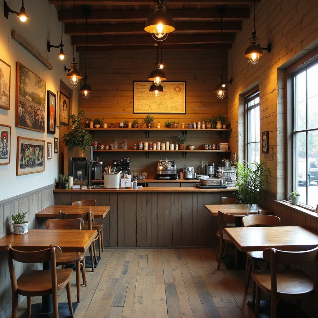 Rustic wooden accents in a tiny coffee shop