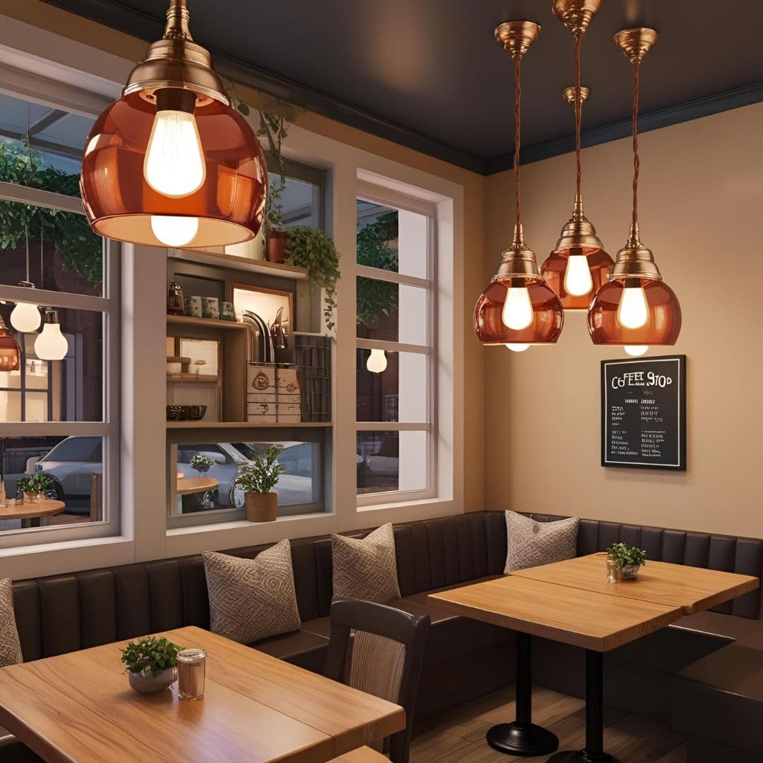 Statement lighting in a tiny coffee shop