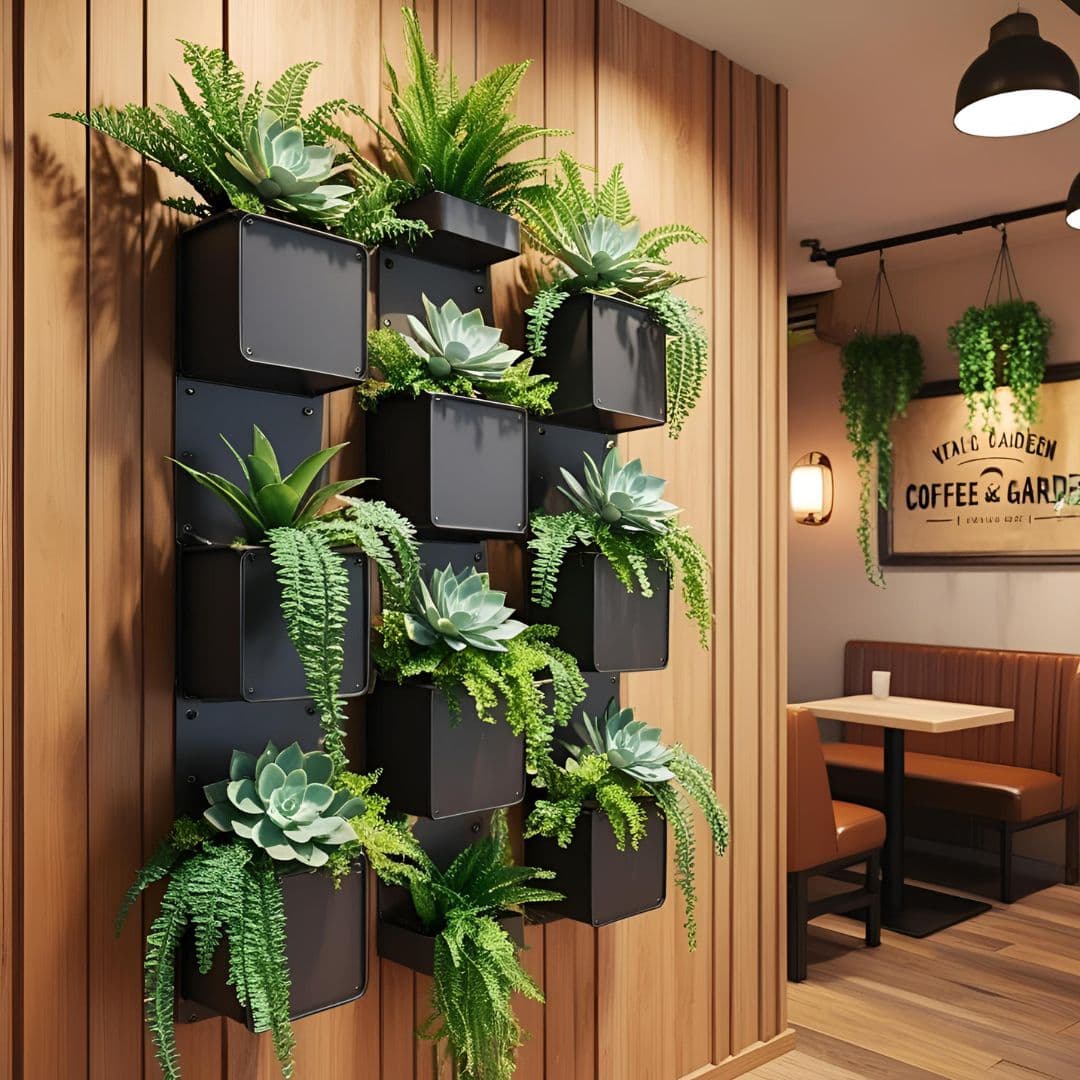 Vertical wall garden in a tiny coffee shop