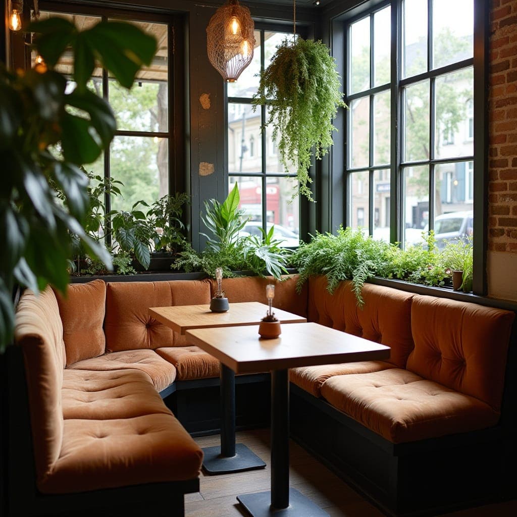Window nook seating in a tiny coffee shop