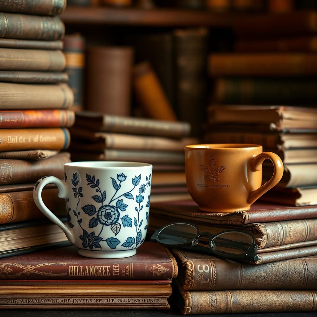 Two coffee cups surrounded by open books and reading glasses