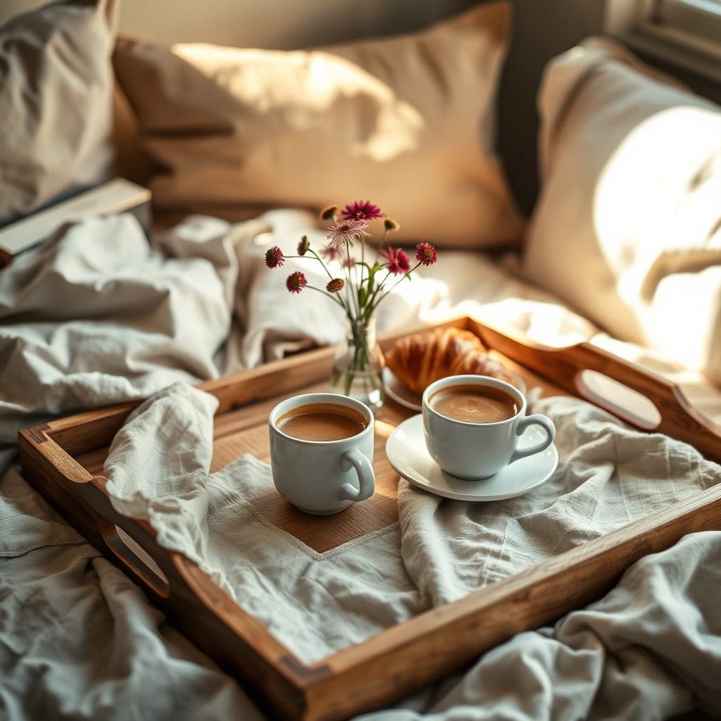 Two coffee cups on a breakfast tray with pastries and flowers