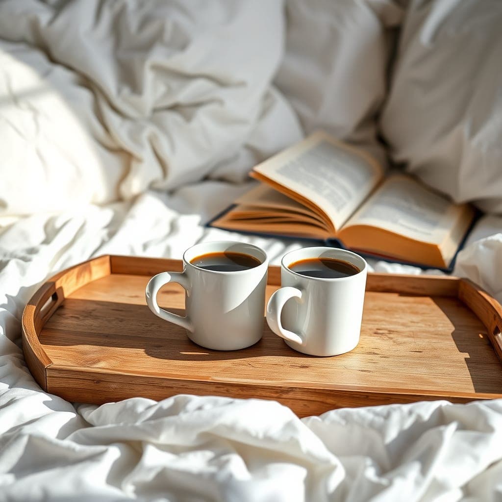 Two coffee cups on a bed with fluffy white bedding