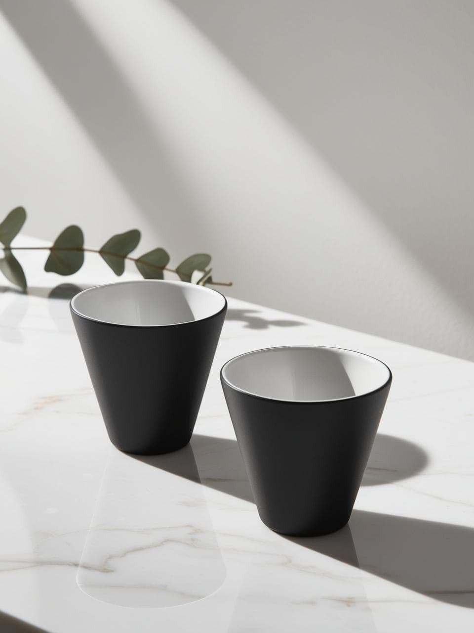Two sleek coffee cups on a marble countertop with minimalist decor