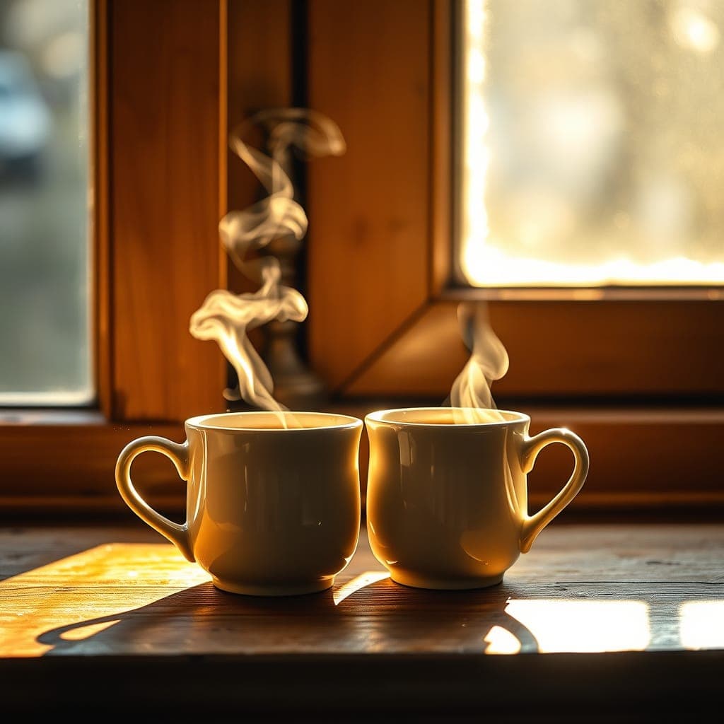 Two coffee cups on a windowsill bathed in golden morning light