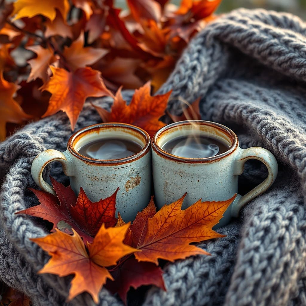 Two coffee cups surrounded by fall leaves and cozy blankets